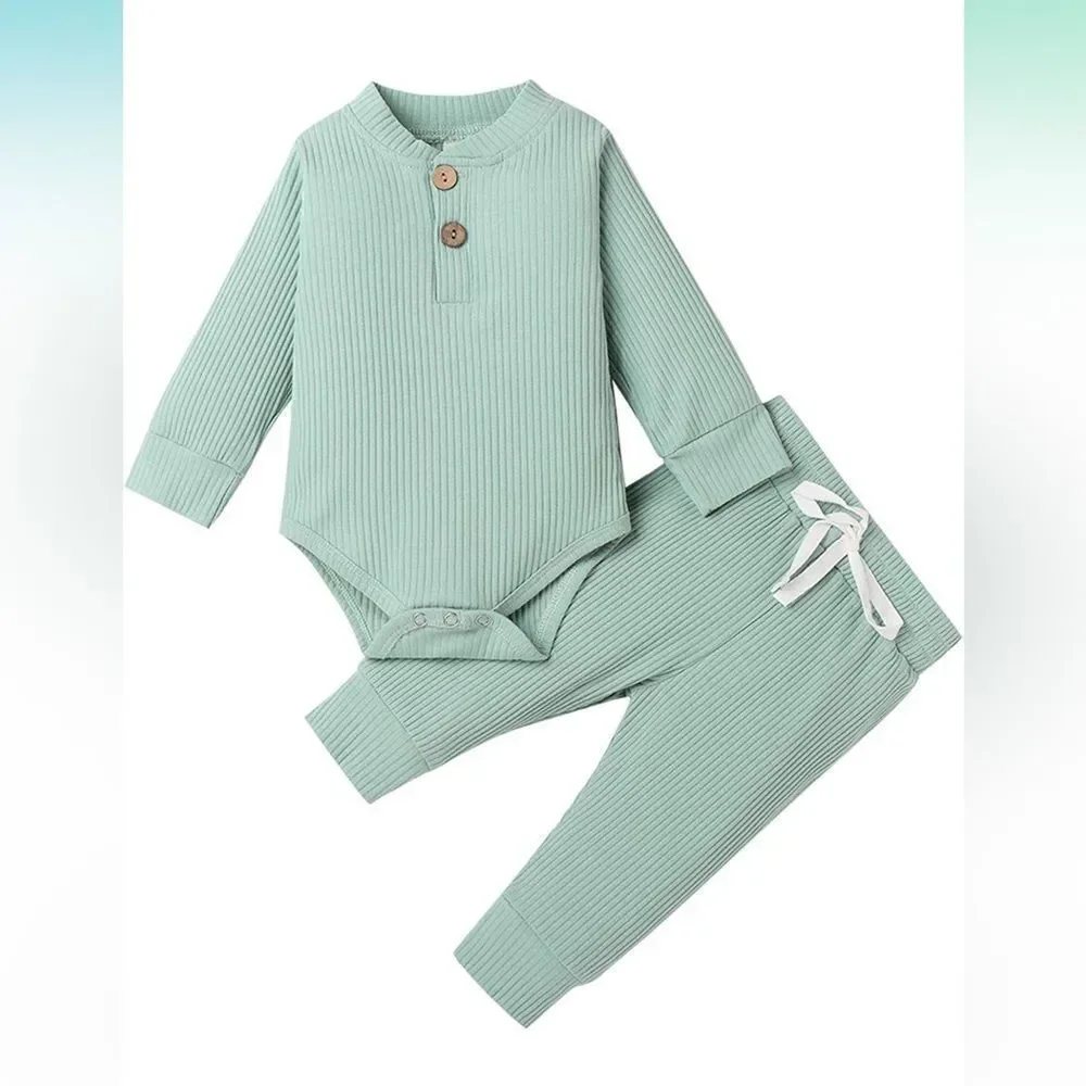 Long Sleeve Knitted Cotton Onesie Romper & Pants Mint Green 6-12 months